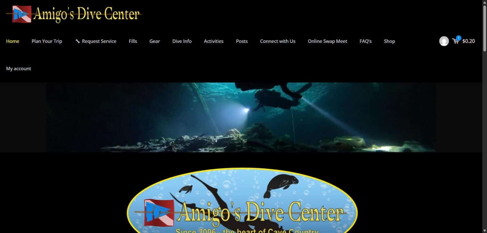 Amigo's Dive Center main menu with the Online Swap Meet link highlighted